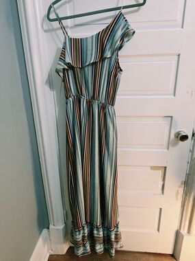 Striped Off-Shoulder Maxi Dress in Teal, Rust, Navy & Cream